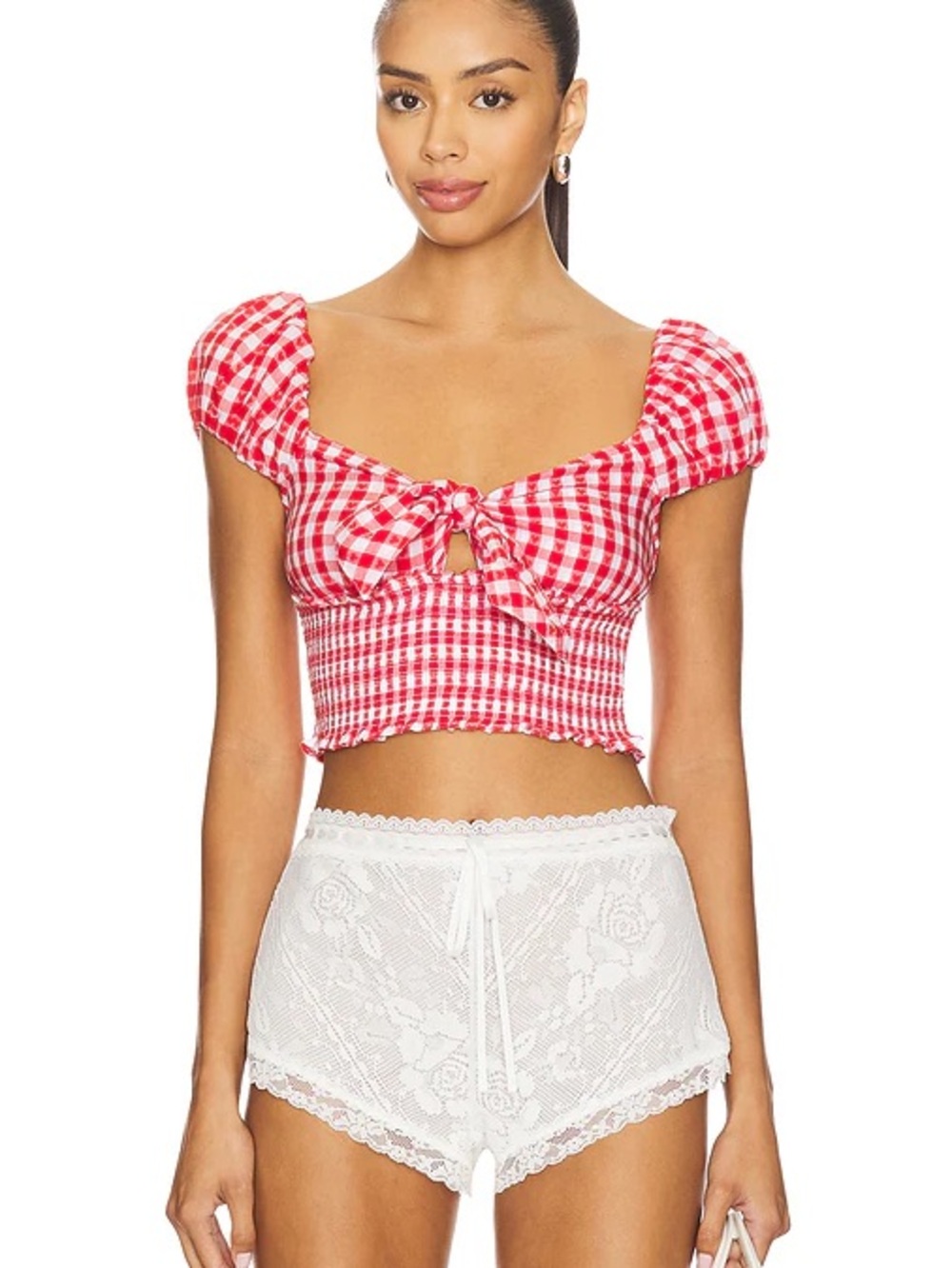 Love Shack Fancy Red Gingham Tie-Front Crop Top
